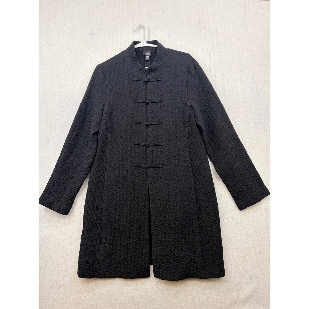 Eileen Fisher Black Italian Wool Linen Textured Frog Toggle Long Coat R6EW-1 S